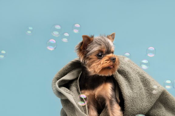 Dog in towel with bubbles